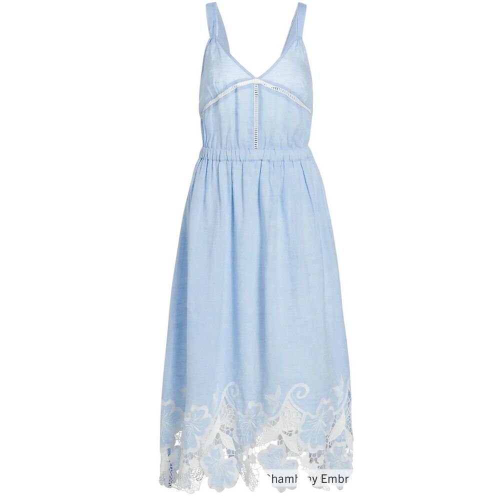 Ramy Brook Aubriella Linen Lace-Trimmed Midi-Dress in Chambrey Embroidery NWT Si